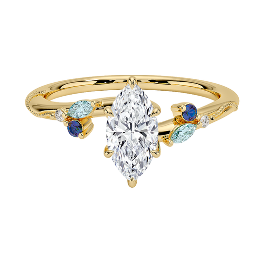 1 TO 5 CT Camellia Marquise Cut Lab Grown Diamond Ring with Indigo Accents & Milgrain in Gold | Pooja Diamond | IGI Certified Lab Diamond