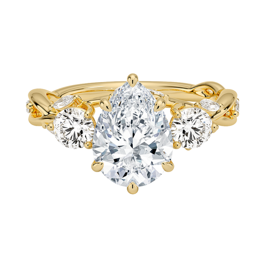 1 To 5 Ct Secret Garden Pear Cut Lab Grown Diamond Three Stone Ring with Round &  Marquise Leaf  Accents in 10K/14K/18K Gold | Pooja Diamond | IGI Certified Lab Diamond