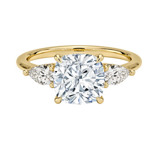 1 TO 5 Ct Adorned Opera Three Stone Cushion Lab Grown Diamond Ring with Side Accent Diamonds – 10K/14K/18K Gold | Pooja Diamond | IGI Certified Lab Diamond