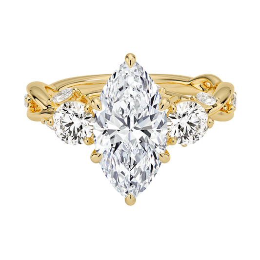 1 To 5 Ct Secret Garden Marquise Cut Lab Grown Diamond Three Stone Ring with Round &  Marquise Leaf  Accents in 10K/14K/18K Gold | Pooja Diamond | IGI Certified Lab Diamond
