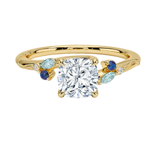 1 TO 5 CT Camellia Cushion Cut Lab Grown Diamond Ring with Indigo Accents & Milgrain in Gold | Pooja Diamond | IGI Certified Lab Diamond