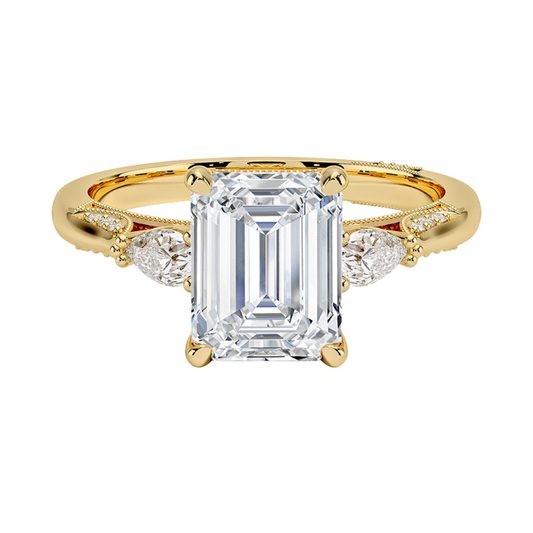 1 To 5 Ct Vintage Inspired Emerald Cut Lab Grown Diamond Three Stone Ring with Pavé Gallery in 10K/14K/18K Gold | Pooja Diamond | IGI Certified Lab Diamond