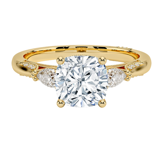 1 To 5 Ct Vintage Inspired Cushion Cut Lab Grown Diamond Three Stone Ring with Pavé Gallery in 10K/14K/18K Gold | Pooja Diamond | IGI Certified Lab Diamond