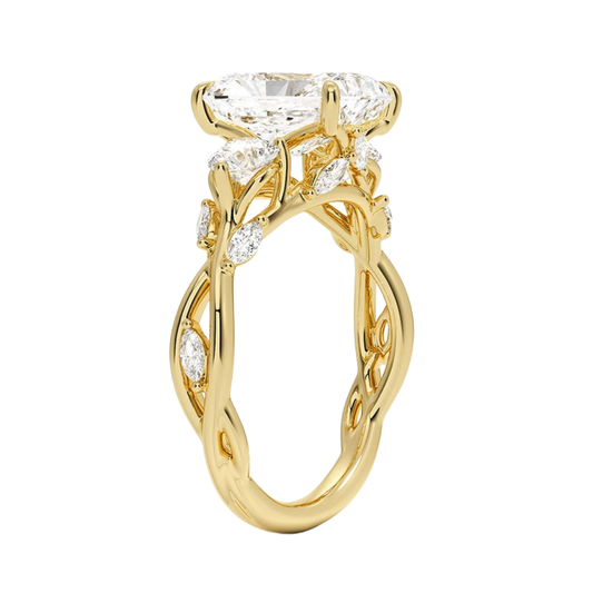 1 To 5 Ct Secret Garden Radiant Cut Lab Grown Diamond Three Stone Ring with Round &  Marquise Leaf  Accents in 10K/14K/18K Gold | Pooja Diamond | IGI Certified Lab Diamond