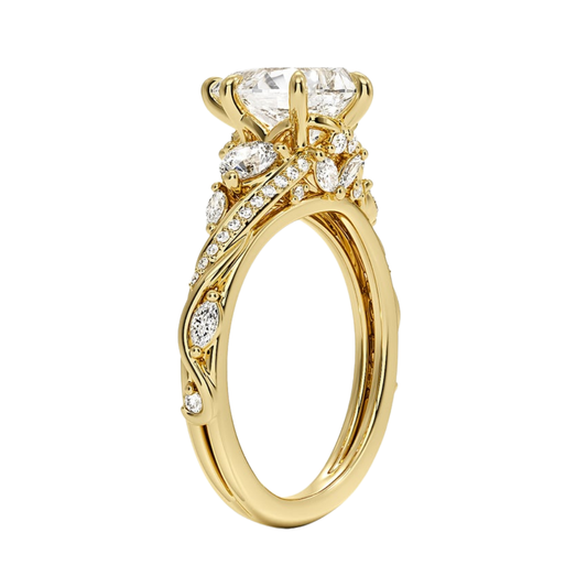 1 To 5 CT Begonia Vine Three Stone Lab-Grown Diamond Ring in 10K/14K/18K Gold – Pear Cut Center with Marquise & Round Side Diamonds | Pooja Diamond | IGI Certified Lab Diamond