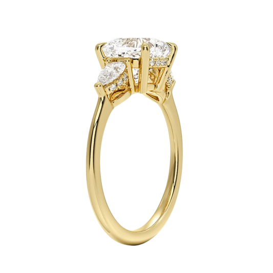 1 TO 5 Ct Adorned Opera Three Stone Cushion Lab Grown Diamond Ring with Side Accent Diamonds – 10K/14K/18K Gold | Pooja Diamond | IGI Certified Lab Diamond