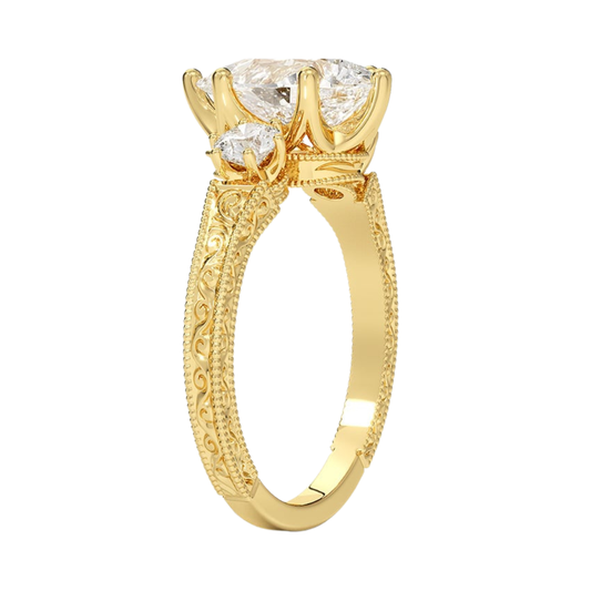 1 To 5 Ct Hudson Pear Cut Three Stone Lab Grown Diamond Ring with Engraved Band in 10K / 14K / 18K Gold | Pooja Diamond | IGI Certified Lab Diamond