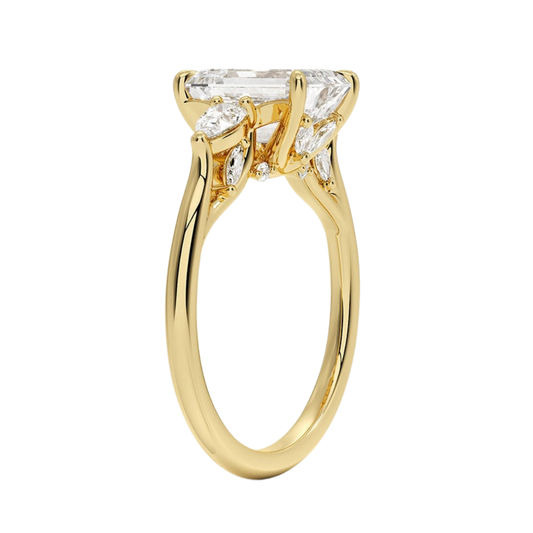 1 TO CT Secret Garden Emerald Cut Lab-Grown Diamond Three Stone Ring with Hidden Floral Gallery in 10K / 14K / 18K Gold | Pooja Dimond | IGI Certified Lab Diamond