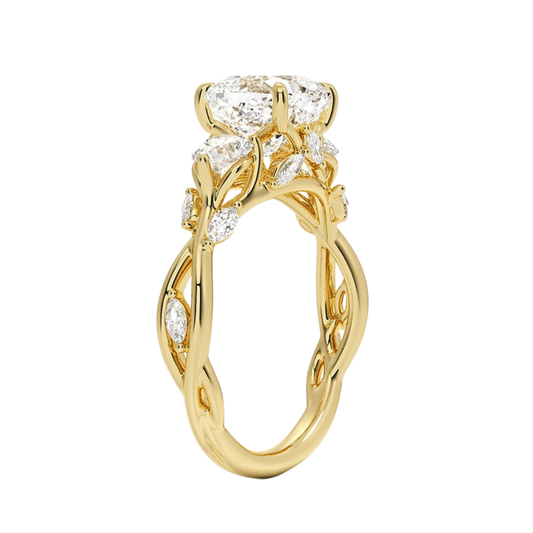 1 To 5 Ct Secret Garden Cushion Cut Lab Grown Diamond Three Stone Ring with Round &  Marquise Leaf  Accents in 10K/14K/18K Gold | Pooja Diamond | IGI Certified Lab Diamond
