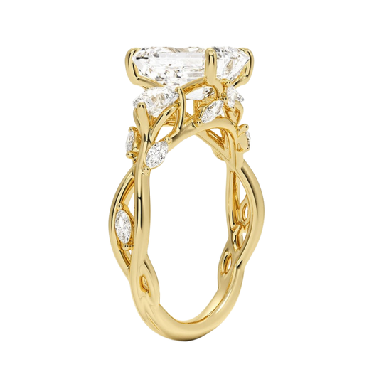 1 To 5 Ct Secret Garden Emerald Cut Lab Grown Diamond Three Stone Ring with Round &  Marquise Leaf  Accents in 10K/14K/18K Gold | Pooja Diamond | IGI Certified Lab Diamond
