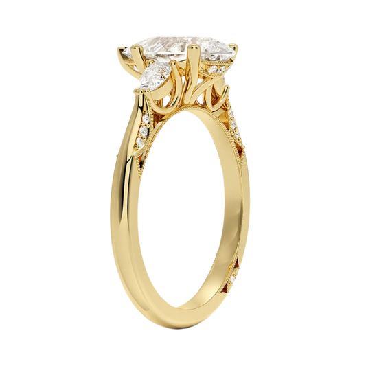 1 To 5 Ct Vintage Inspired Pear Cut Lab Grown Diamond Three Stone Ring with Pavé Gallery in 10K/14K/18K Gold | Pooja Diamond | IGI Certified Lab Diamond