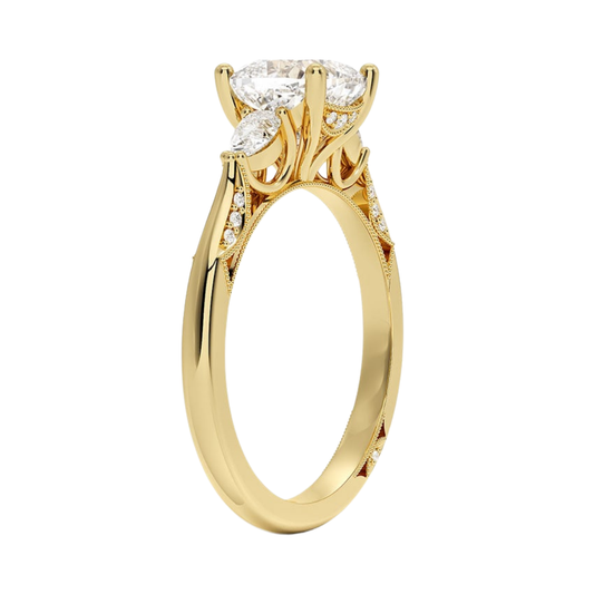1 To 5 Ct Vintage Inspired Cushion Cut Lab Grown Diamond Three Stone Ring with Pavé Gallery in 10K/14K/18K Gold | Pooja Diamond | IGI Certified Lab Diamond