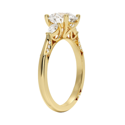 1 To 5 Ct Vintage Inspired Round Cut Lab Grown Diamond Three Stone Ring with Pavé Gallery in 10K/14K/18K Gold | Pooja Diamond | IGI Certified Lab Diamond