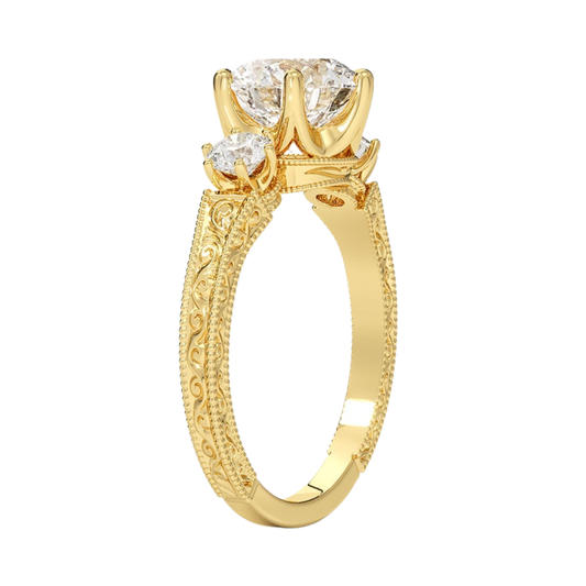 1 To 5 Ct Hudson Round Cut Three Stone Lab Grown Diamond Ring with Engraved Band in 10K / 14K / 18K Gold | Pooja Diamond | IGI Certified Lab Diamond
