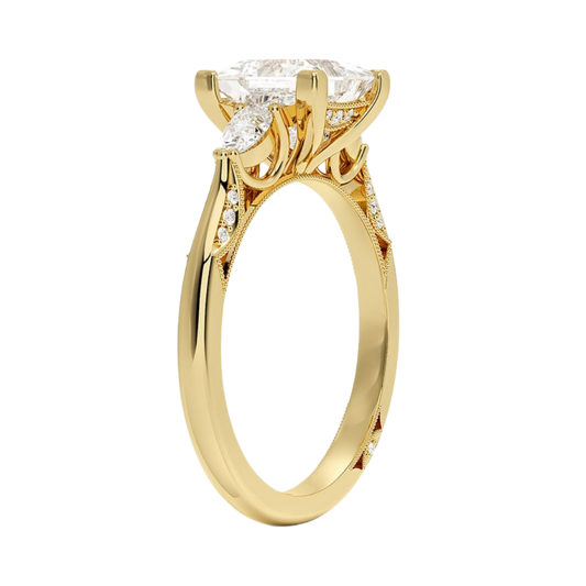 1 To 5 Ct Vintage Inspired Princess Cut Lab Grown Diamond Three Stone Ring with Pavé Gallery in 10K/14K/18K Gold | Pooja Diamond | IGI Certified Lab Diamond