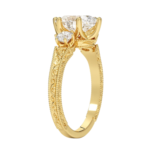 1 To 5 Ct Hudson Oval Cut Three Stone Lab Grown Diamond Ring with Engraved Band in 10K / 14K / 18K Gold | Pooja Diamond | IGI Certified Lab Diamond