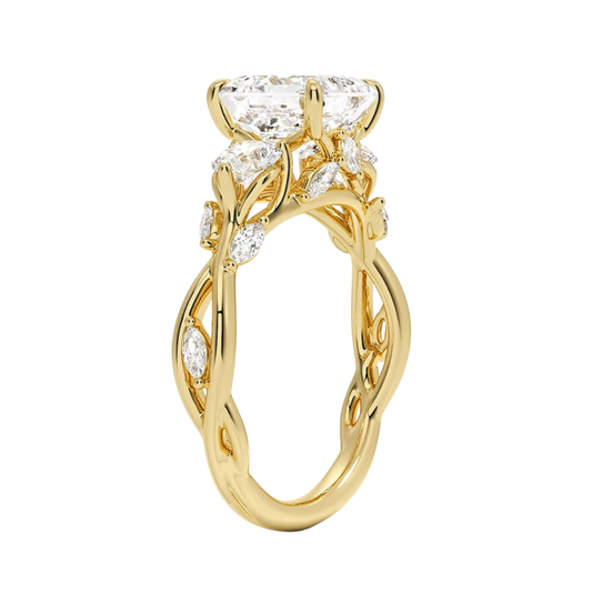 1 To 5 Ct Secret Garden Asscher Cut Lab Grown Diamond Three Stone Ring with Round &  Marquise Leaf  Accents in 10K/14K/18K Gold | Pooja Diamond | IGI Certified Lab Diamond