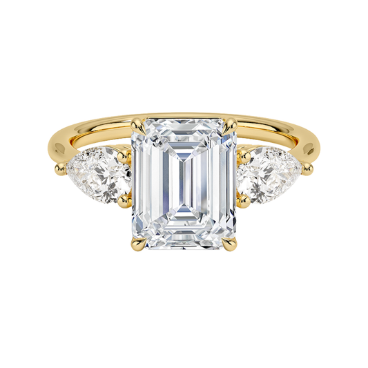 1 TO 5 Ct Luxe Opera Emerald  Cut Lab Grown Diamond Three Stone Ring with Pear Side Diamonds in 10K / 14K / 18K Gold | Pooja Diamond  | IGI Certified Lab Diamond