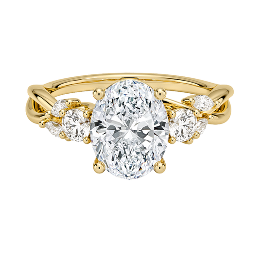 1 To 5 Ct Nature-Inspired Willow Oval Cut Lab Diamond Three Stone Engagement Ring in 10K/14K/18K Gold| Pooja Diamond | IGI  Certified Lab Diamond