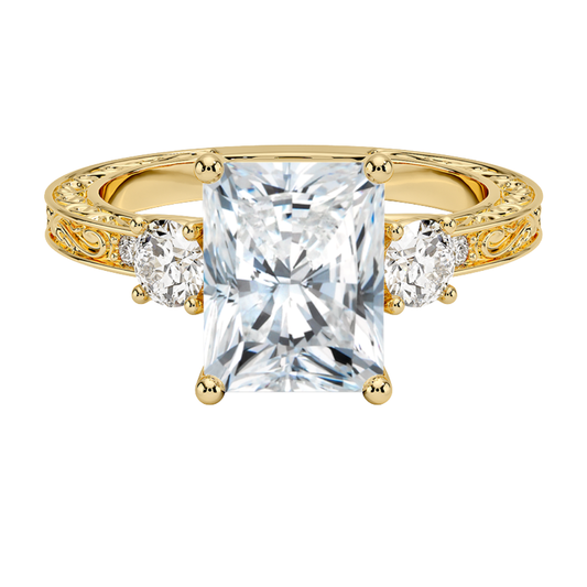 1 TO 5 CT Antique Scroll Engraved Radiant Cut Three Stone Lab Grown Diamond Ring in 10K/14K/18K Gold | Pooja Diamond | IGI Certified Lab Diamond