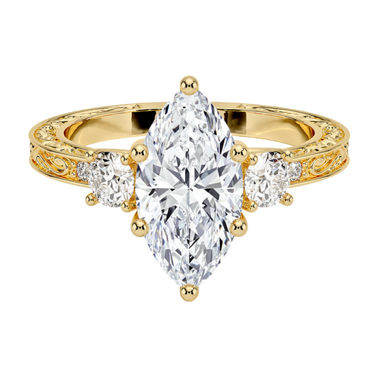 1 TO 5 CT Antique Scroll Engraved Marquise Cut Three Stone Lab Grown Diamond Ring in 10K/14K/18K Gold | Pooja Diamond | IGI Certified Lab Diamond