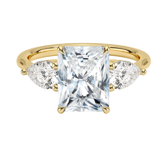 1 TO 5 Ct Luxe Opera Radiant Cut Lab Grown Diamond Three Stone Ring with Pear Side Diamonds in 10K / 14K / 18K Gold | Pooja Diamond  | IGI Certified Lab Diamond
