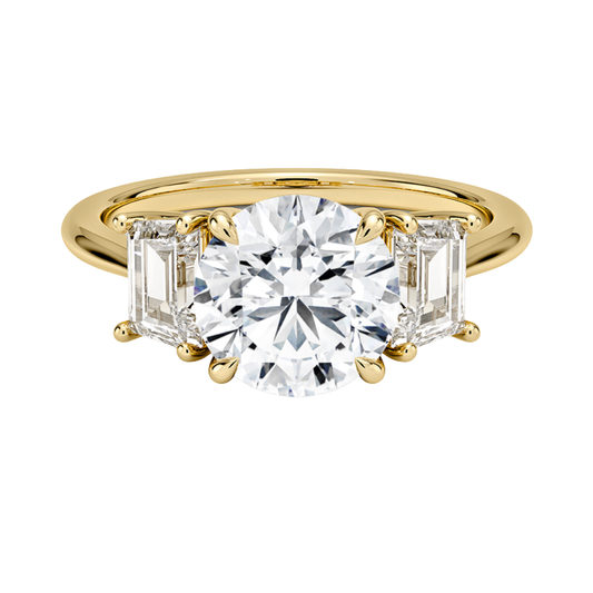 1 To 5 Ct Luxe Embrace Round Cut Lab Grown Diamond Three Stone Ring with Trapezoid Side Diamonds in 10K / 14K / 18K Gold | Pooja Diamond | IGI Certified Lab Diamond