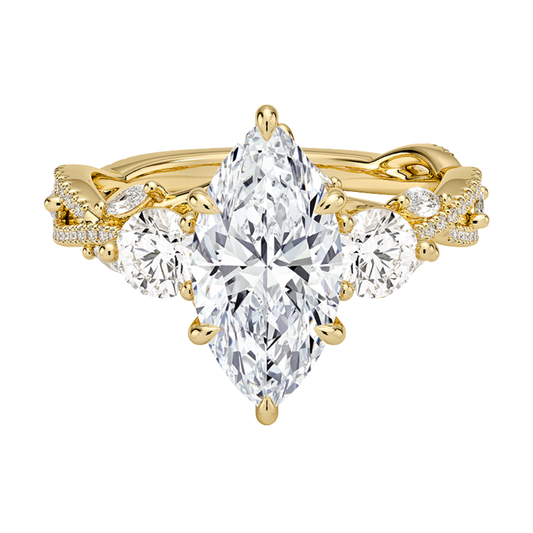 1 To 5 Ct Luxe Secret Garden Three Stone Lab Grown Marquise Diamond Ring with Round & Marquise Accents in 10K/14K/18K Gold | Pooja Diamond | IGI Certified Lab Diamond