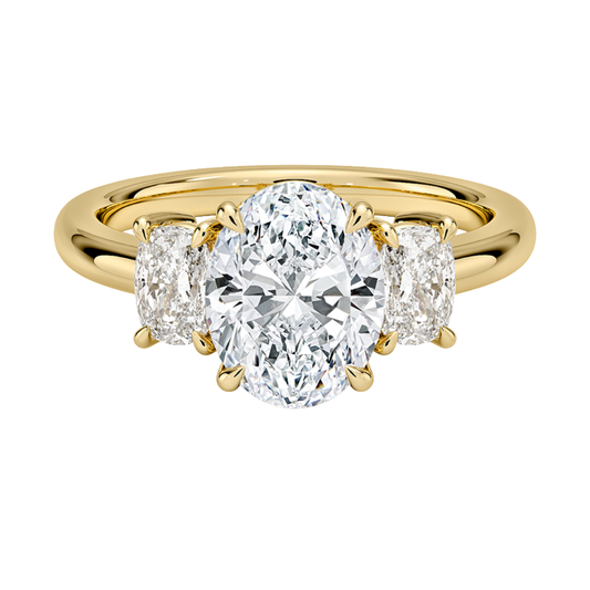 1 To 5 Ct Faye Oval Cut Lab Grown Diamond Three Stone Engagement Ring with Cushion Side Stones in 10K / 14K / 18K Gold | Pooja Diamond | IGI Certified Lab Diamond