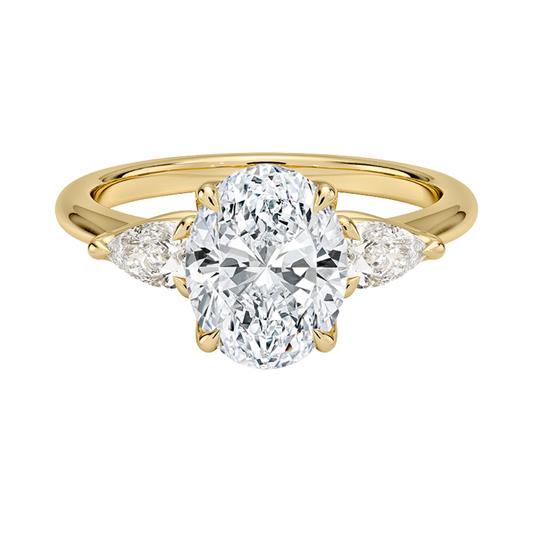 1 To 5 Ct Fleur Oval Cut Lab Grown Diamond Three Stone Engagement Ring with Pear Side Stones in 10K / 14K / 18K Gold | Pooja Diamond | IGI Certified Lab Diamond