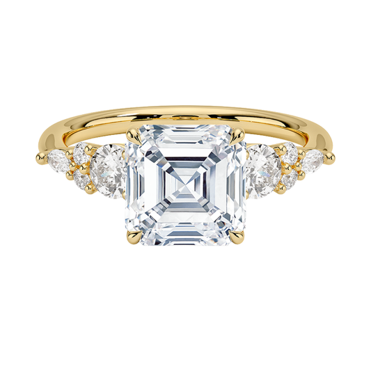 1 TO 5 Ct Nadia Asscher Cut Lab Grown Diamond Three Stone Ring with Round&Marquise Accents in 10K/14K/18K Gold | Pooja Diamond | IGI Certified Lab Diamond