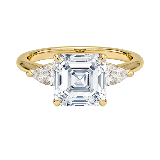 1 To 5 Ct Fleur Asscher Cut Lab Grown Diamond Three Stone Engagement Ring with Pear Side Stones in 10K / 14K / 18K Gold | Pooja Diamond | IGI Certified Lab Diamond