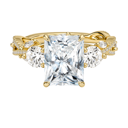 1 To 5 Ct Luxe Secret Garden Three Stone Lab Grown Radiant Diamond Ring with Round & Marquise Accents in 10K/14K/18K Gold | Pooja Diamond | IGI Certified Lab Diamond