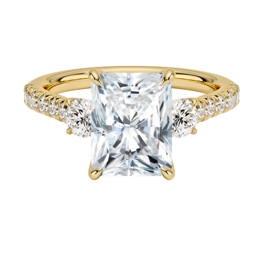 1 To 5 Ct Amelie Radiant Cut Three Stone Lab Grown Diamond Ring with Pave Band in 10K/14K/18K Gold | Pooja Diamond | IGI Certified Lab Diamond
