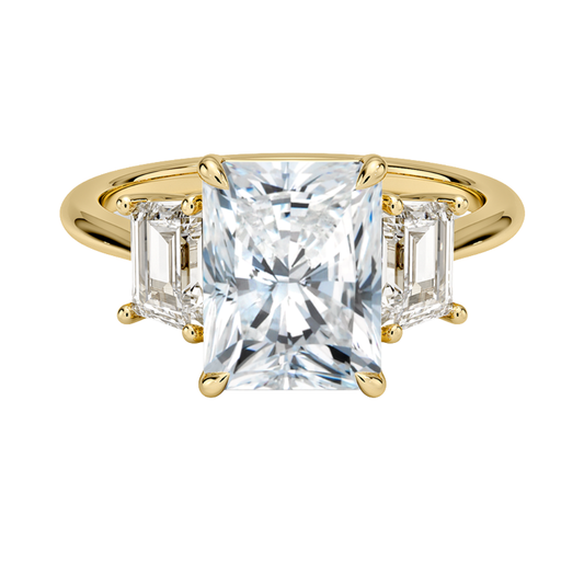 1 To 5 Ct Luxe Embrace Radiant Cut Lab Grown Diamond Three Stone Ring with Trapezoid Side Diamonds in 10K / 14K / 18K Gold | Pooja Diamond | IGI Certified Lab Diamond