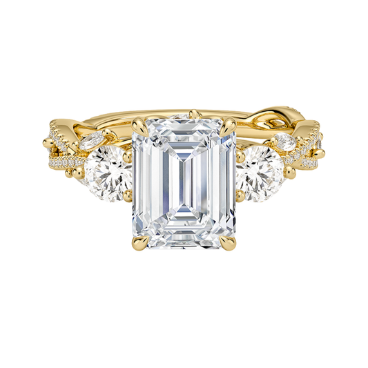 1 To 5 Ct Luxe Secret Garden Three Stone Lab Grown Emerald Diamond Ring with Round & Marquise Accents in 10K/14K/18K Gold | Pooja Diamond | IGI Certified Lab Diamond