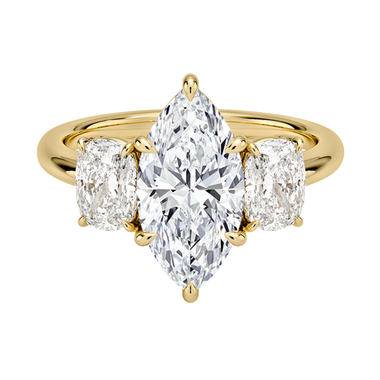 1 TO 5 Ct Luxe Faye Marquise Cut Lab Grown Diamond Three Stone Ring with Oval Side Diamonds in 10K / 14K / 18K Gold | Pooja Diamond | IGI Certified Lab Diamond
