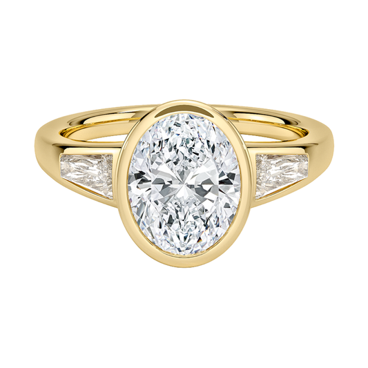 1 TO 5 CT Hayes Oval Cut Lab Grown Diamond Three Stone Ring with Baguette Side Diamonds in 10K / 14K / 18K Gold | Pooja Diamond | IGI Certified Lab Diamond