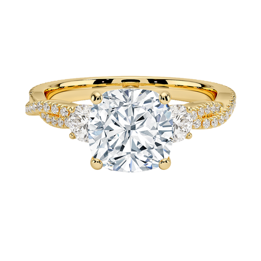 1 To 5 Ct Luxe Petite Twisted Vine Three Stone Lab Grown Cushion Diamond Ring in 10K/14K/18K Gold | Pooja Diamond | IGI Certified Lab Diamond