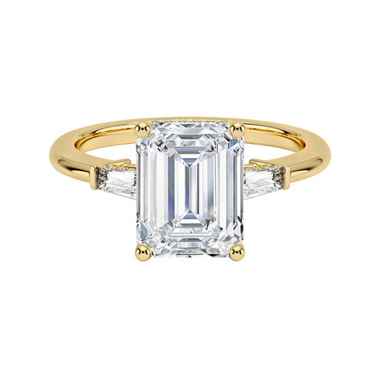1 To 5 Ct Adorned Tapered Baguette Emerald Cut Three Stone Lab Grown Diamond Ring in 10K/14K/18K Gold | Pooja Diamond | IGI Certified Lab Diamond