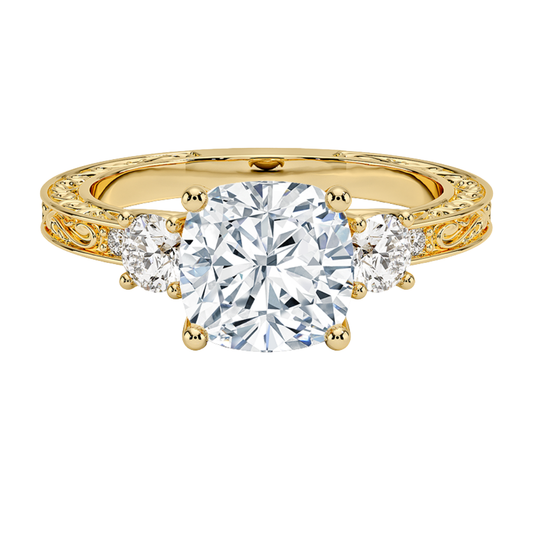 1 TO 5 CT Antique Scroll Engraved Cushion Cut Three Stone Lab Grown Diamond Ring in 10K/14K/18K Gold | Pooja Diamond | IGI Certified Lab Diamond