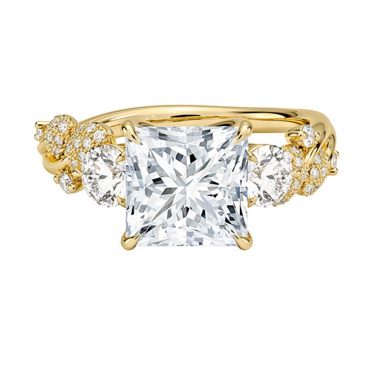1 To 5 CT Canopy Three Stone Lab-Grown Diamond Ring in 10K/14K/18K Gold – Princess Cut Center with Nature-Inspired Round Diamond Accents | Pooja Diamond | IGI Certified Lab Diamond