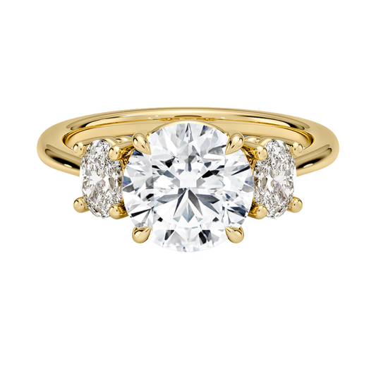 1 To 5 Ct Round Cut Lab Grown Diamond Three Stone Engagement Ring with Oval Side Stones in 10K/14K/18K Gold | Pooja Diamond | IGI Certified Lab Diamond