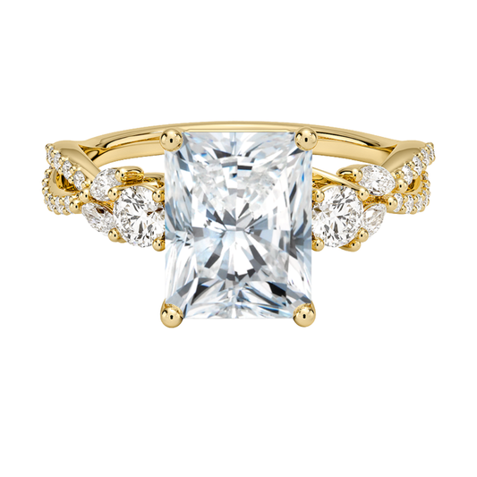 1 To 5 Ct Luxe Willow Three Stone Lab Grown Radiant Diamond Ring with Round&Marquise Accents in 10K/14K/18K Gold | Pooja Diamond | IGI Certified Lab Diamond