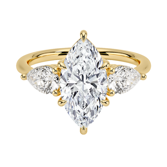 1 TO 5 Ct Luxe Opera Marquise Cut Lab Grown Diamond Three Stone Ring with Pear Side Diamonds in 10K / 14K / 18K Gold | Pooja Diamond  | IGI Certified Lab Diamond