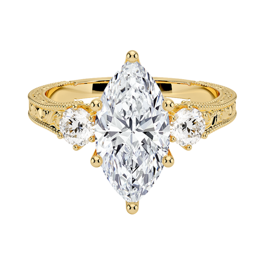 1 To 5 Ct Hudson Marquise Cut Three Stone Lab Grown Diamond Ring with Engraved Band in 10K / 14K / 18K Gold | Pooja Diamond | IGI Certified Lab Diamond