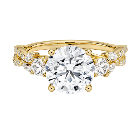 1 To 5 Ct Luxe Willow Three Stone Lab Grown Round Diamond Ring with Round&Marquise Accents in 10K/14K/18K Gold | Pooja Diamond | IGI Certified Lab Diamond