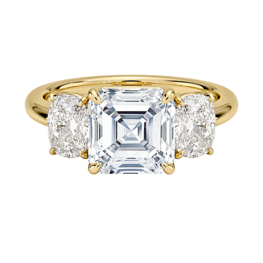 1 TO 5 Ct Luxe Faye Asscher Cut Lab Grown Diamond Three Stone Ring with Oval Side Diamonds in 10K / 14K / 18K Gold | Pooja Diamond | IGI Certified Lab Diamond