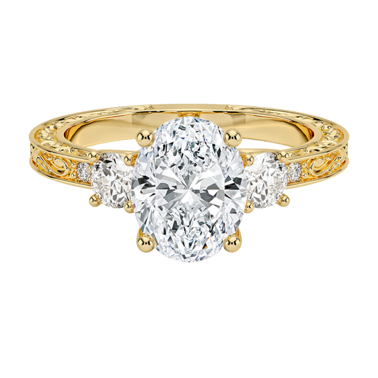 1 TO 5 CT Antique Scroll Engraved Oval Cut Three Stone Lab Grown Diamond Ring in 10K/14K/18K Gold | Pooja Diamond | IGI Certified Lab Diamond