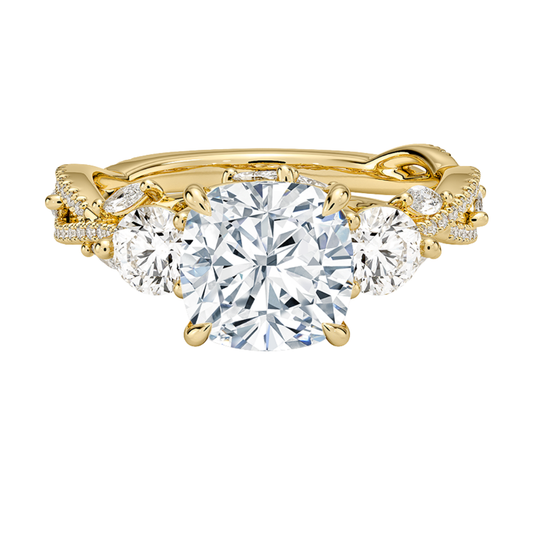 1 To 5 Ct Luxe Secret Garden Three Stone Lab Grown Cushion Diamond Ring with Round & Marquise Accents in 10K/14K/18K Gold | Pooja Diamond | IGI Certified Lab Diamond